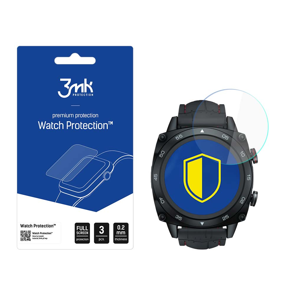 Uno smartwatch con protezione schermo e confezione. La confezione dice 'Watch Protection' con un design blu e bianco.