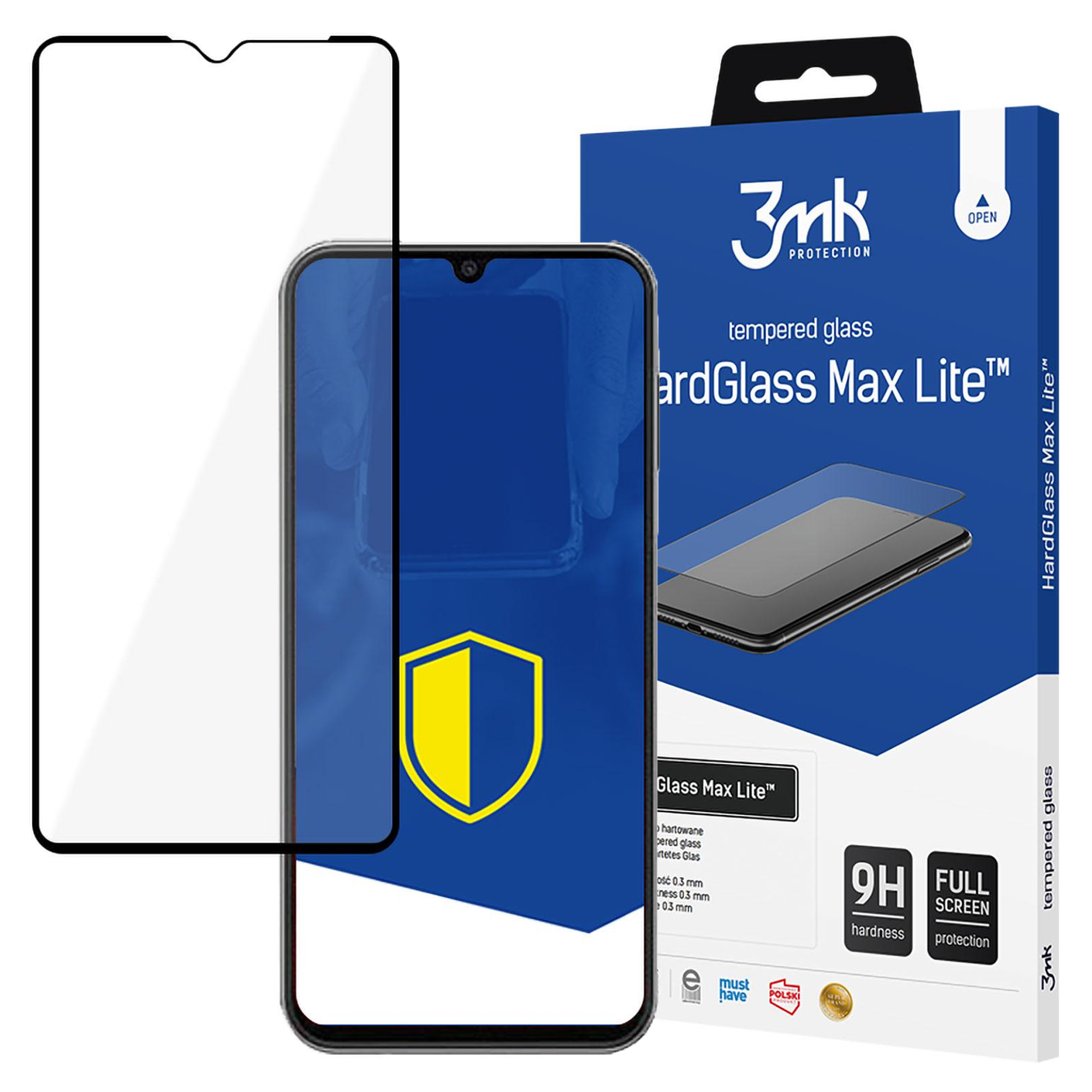 Un proteggi schermo e un telefono sono esposti con una scatola blu. La confezione dice HardGlass Max Lite.