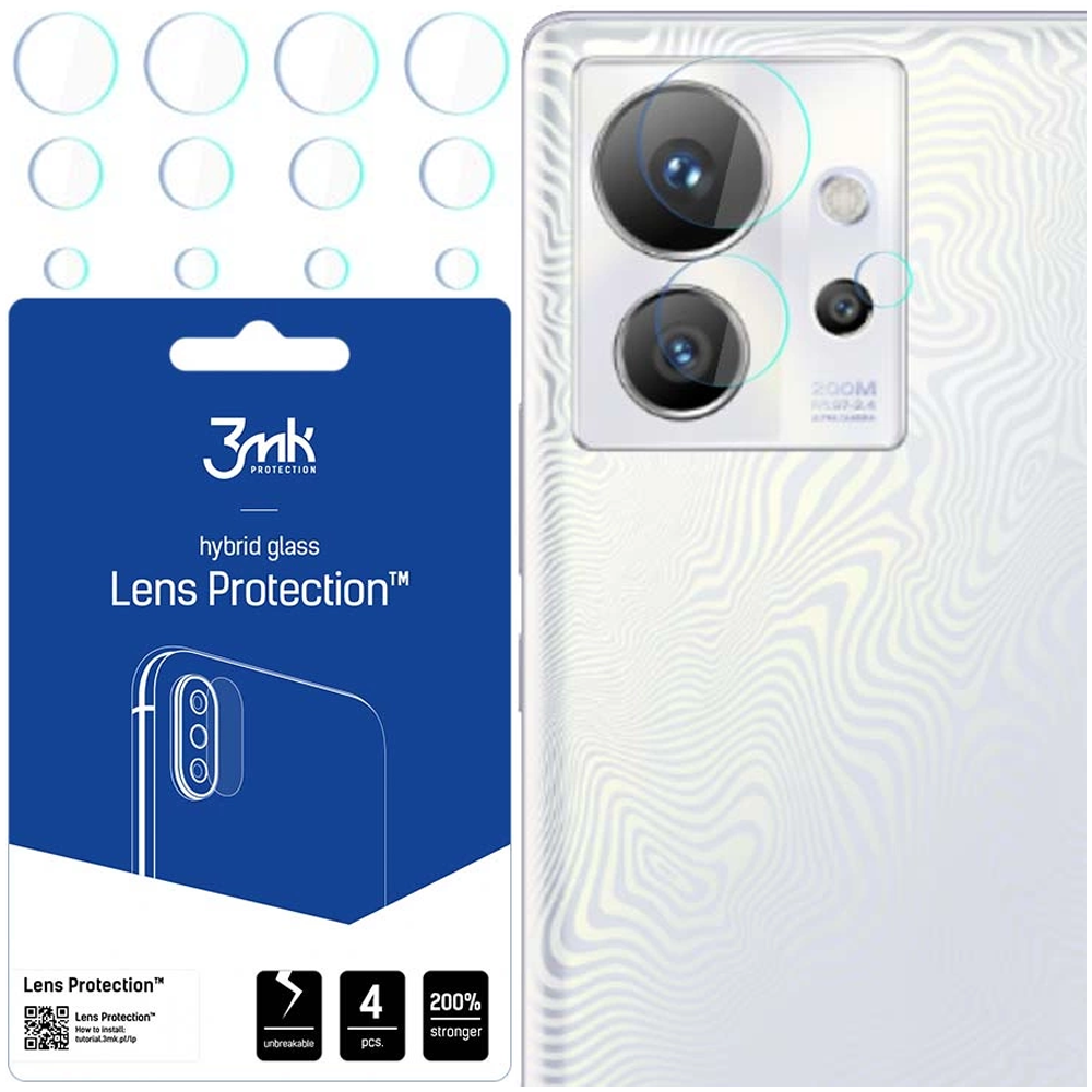 Un retro del telefono con protezioni per lenti e una confezione per la protezione delle lenti. Il retro bianco del telefono ha delle fotocamere. La confezione dice 'Lens Protection'.