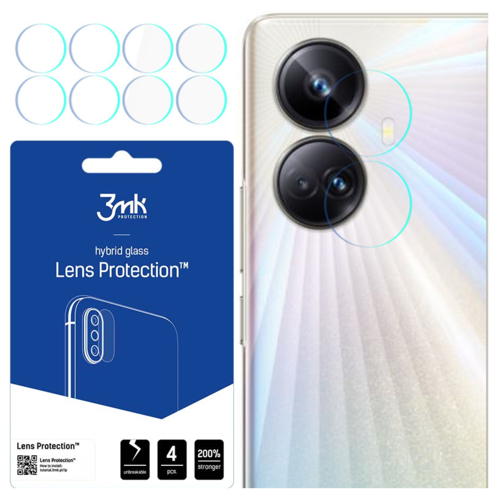 L'immagine mostra protezioni per lenti del telefono, confezione con informazioni sul prodotto e le lenti della fotocamera di un telefono. Sono visibili protezioni circolari e trasparenti.