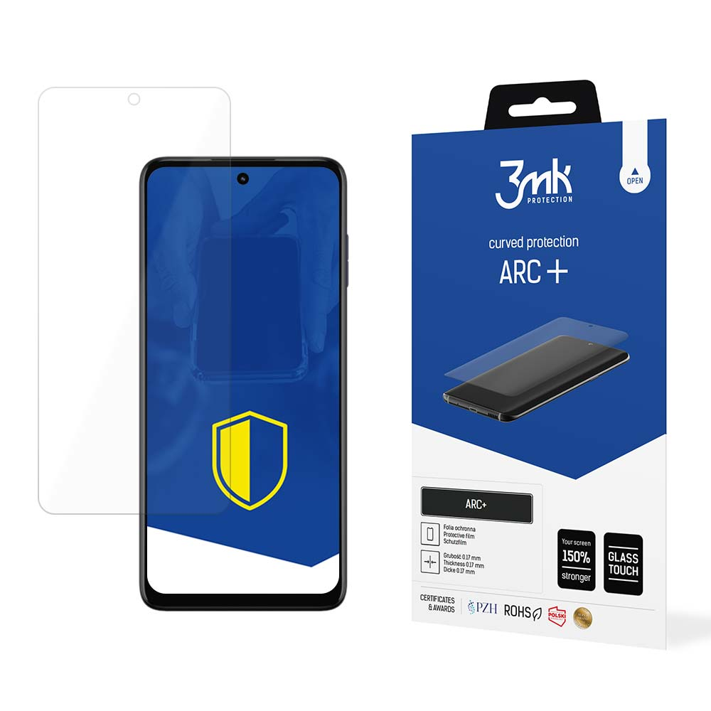 Un telefono con una pellicola protettiva e una confezione di protezione curva 3mk ARC+.