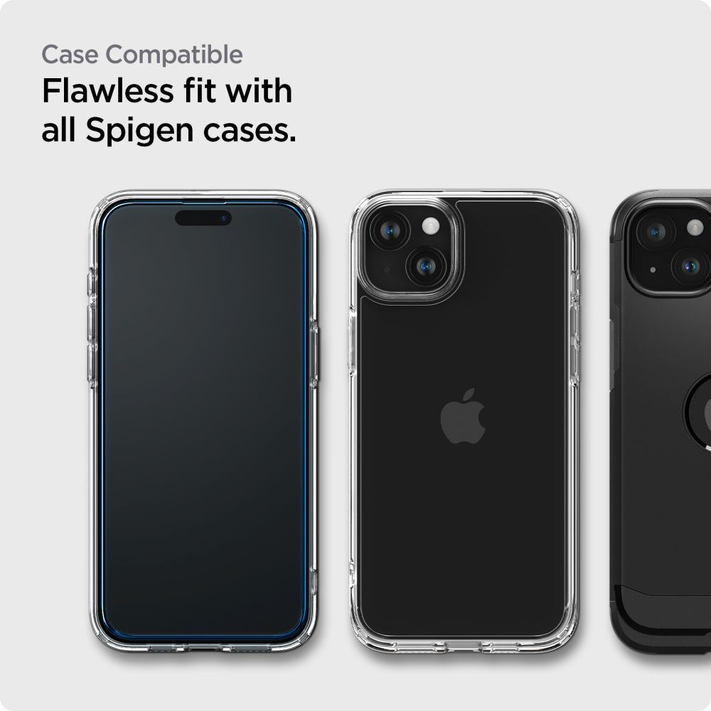 Tre iPhone con custodie. Uno con schermo nero, uno trasparente e uno con custodia nera. Il testo dice 'Case Compatible'.