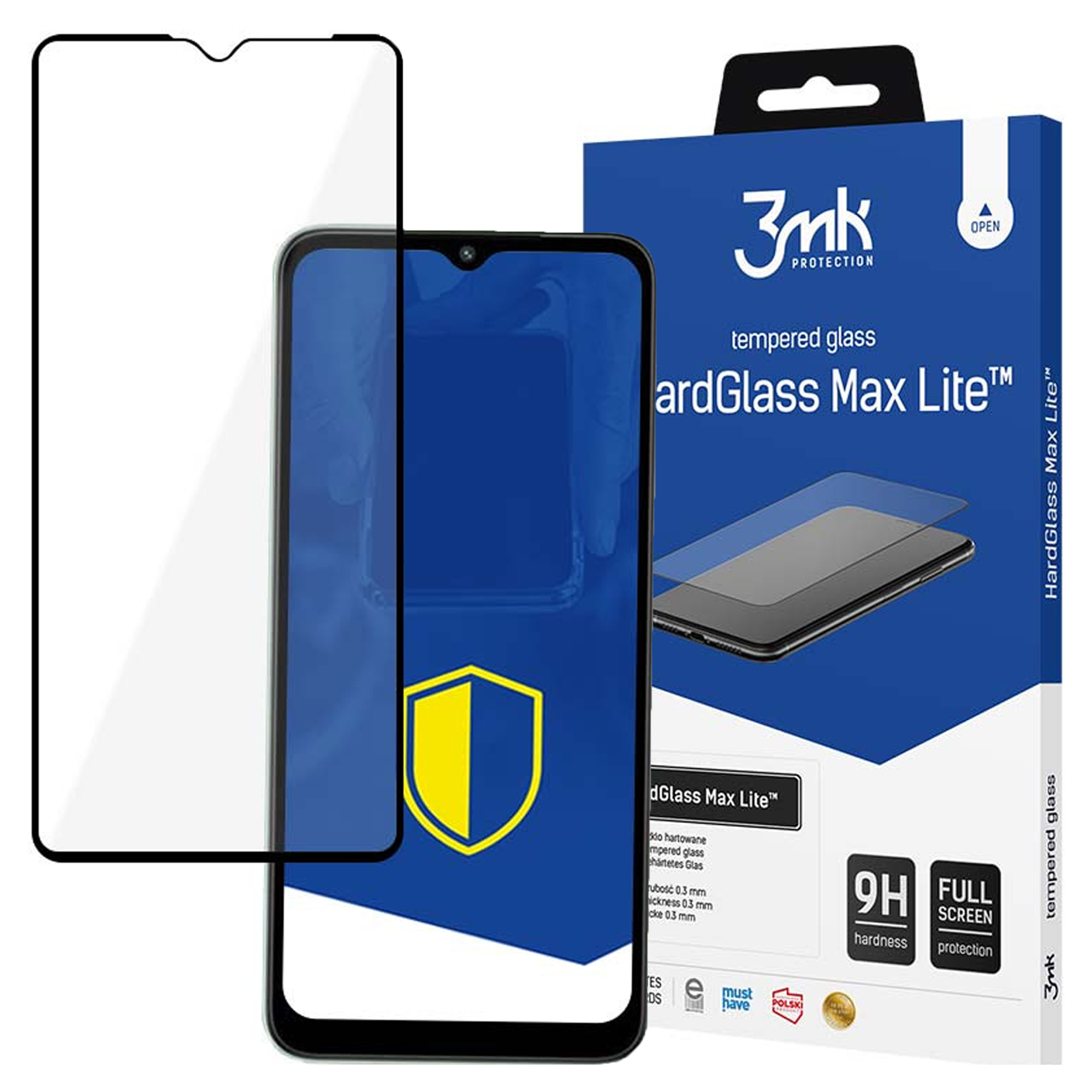 Ochraniacz ekranu i telefon są wyświetlane z niebieskim pudełkiem o nazwie 'HardGlass Max Lite'.