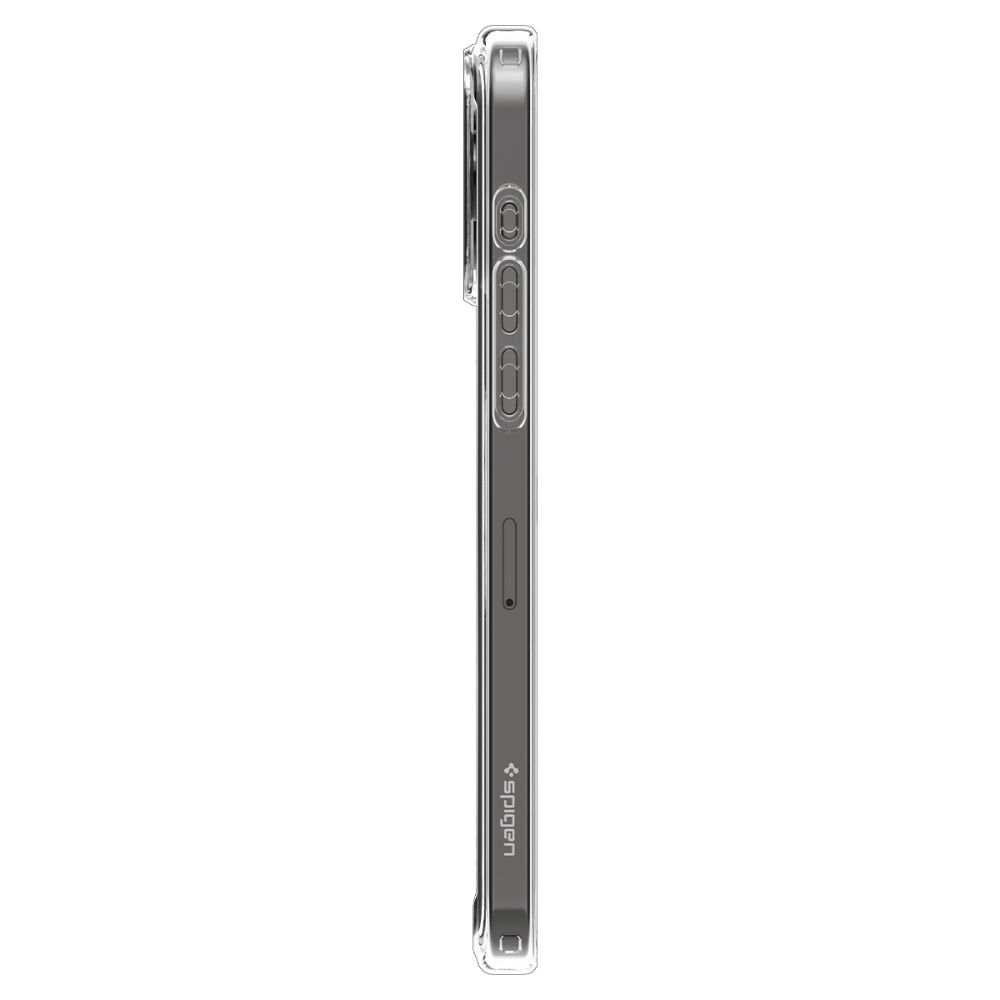 Une coque de téléphone Spigen transparente est montrée de côté. La coque a des boutons et une découpe pour l'appareil photo. La marque est visible.