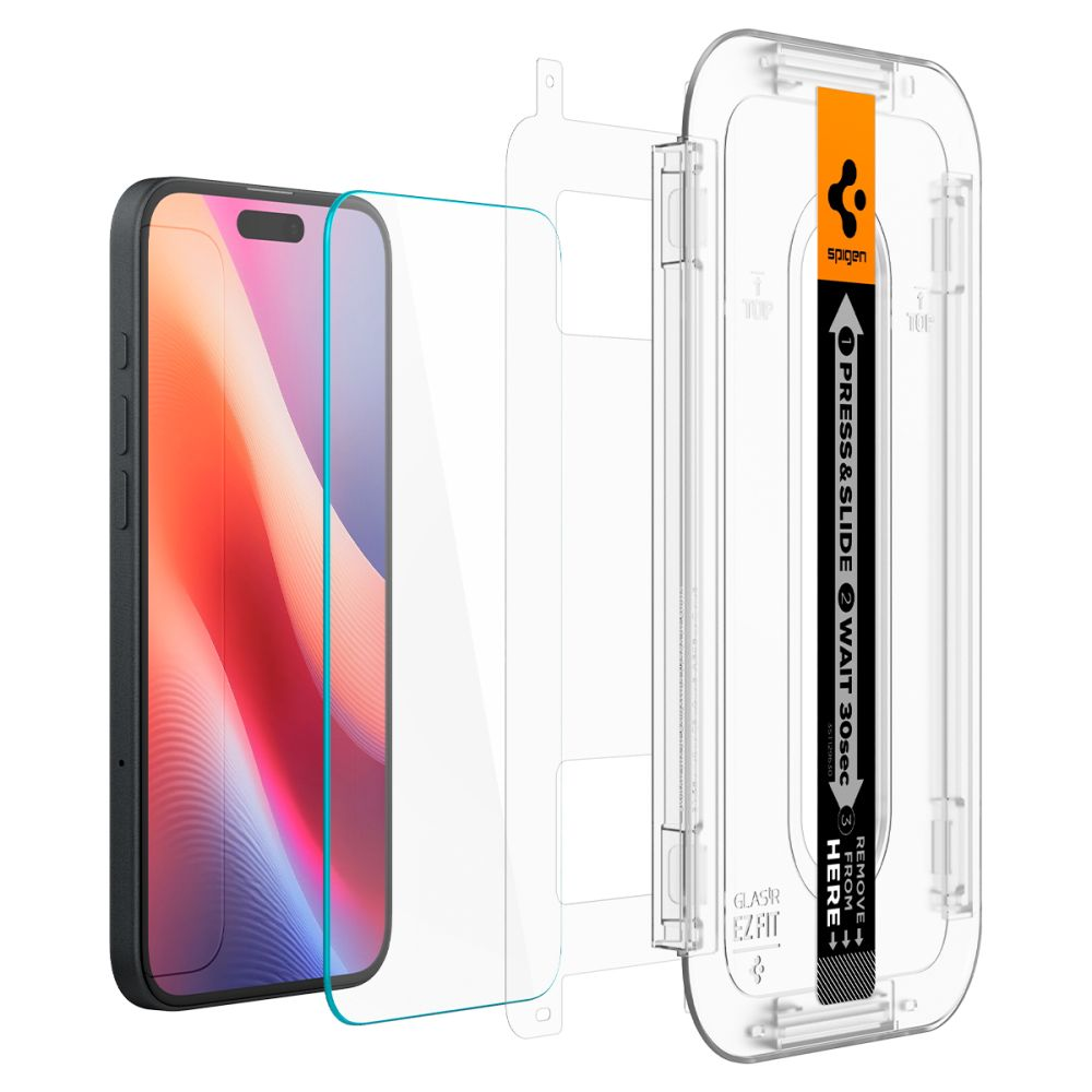 Een telefoon en een schermbeschermingskit. De telefoon staat links, een glazen schermbeschermer in het midden en de kit rechts.