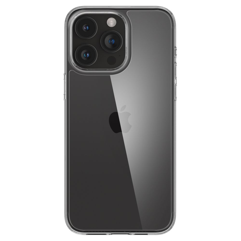 Una custodia trasparente per telefono su un iPhone. Sono visibili le fotocamere e il logo Apple. La custodia ha una leggera sfumatura.