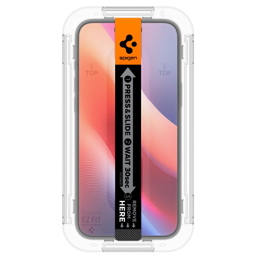 Telefoonschermbeschermer kit. Oranje Spigen instructies overlappen een telefoonvormige sjabloon. Instructies: drukken, schuiven, wachten, verwijderen.