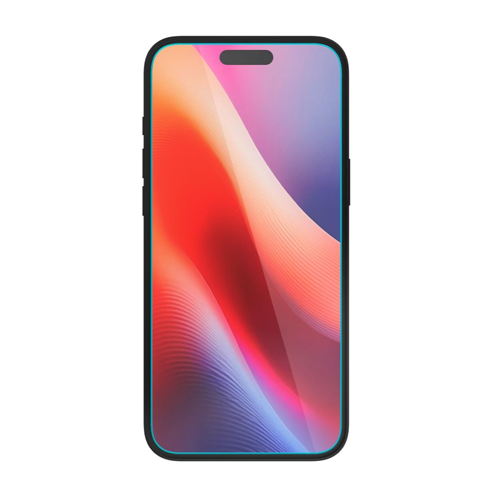 Een smartphone met een kleurrijke, abstracte achtergrond. Het scherm heeft een blauwe omtrek. De telefoon is zwart en heeft een inkeping bovenaan.