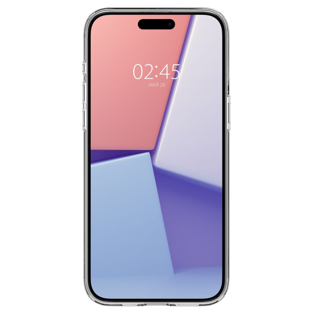 Uno smartphone in una custodia trasparente mostra uno sfondo geometrico astratto rosa, bianco e blu con l'ora e la data sullo schermo.
