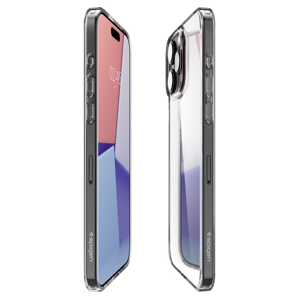 Due custodie trasparenti per telefono, una con il telefono che mostra uno schermo. Le custodie hanno bordi neri e il logo Spigen.