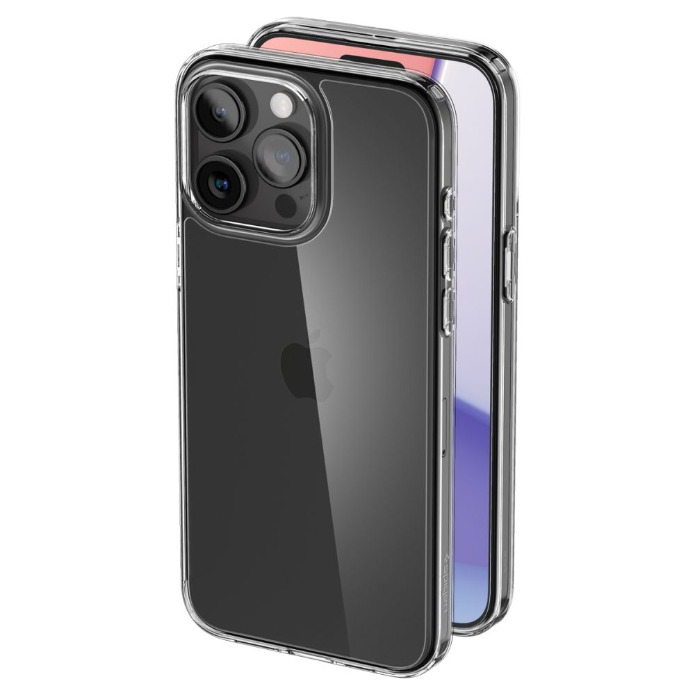 Custodia trasparente per iPhone con tre lenti. Il telefono è all'interno della custodia, un altro dietro. La custodia è trasparente.