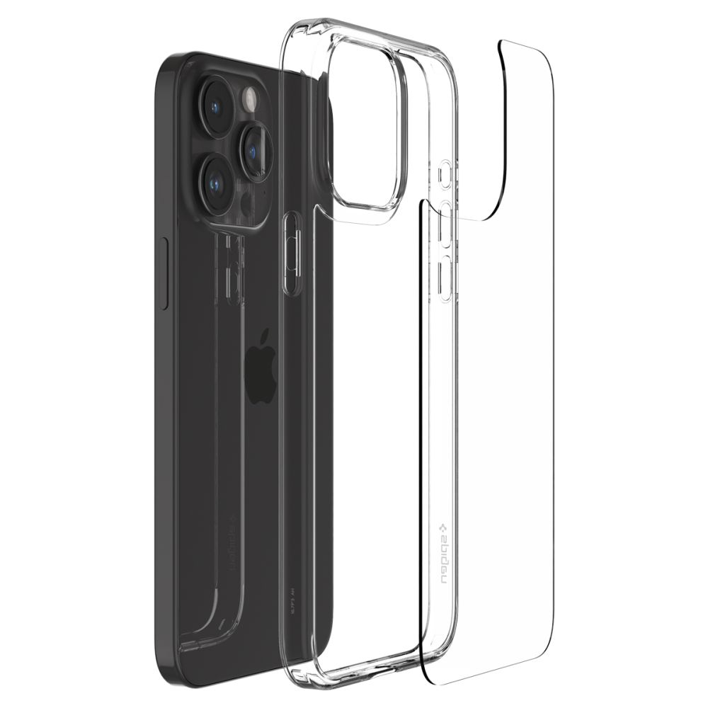 Una custodia trasparente è accanto a un iPhone nero. La custodia è trasparente, mostrando il retro del telefono.