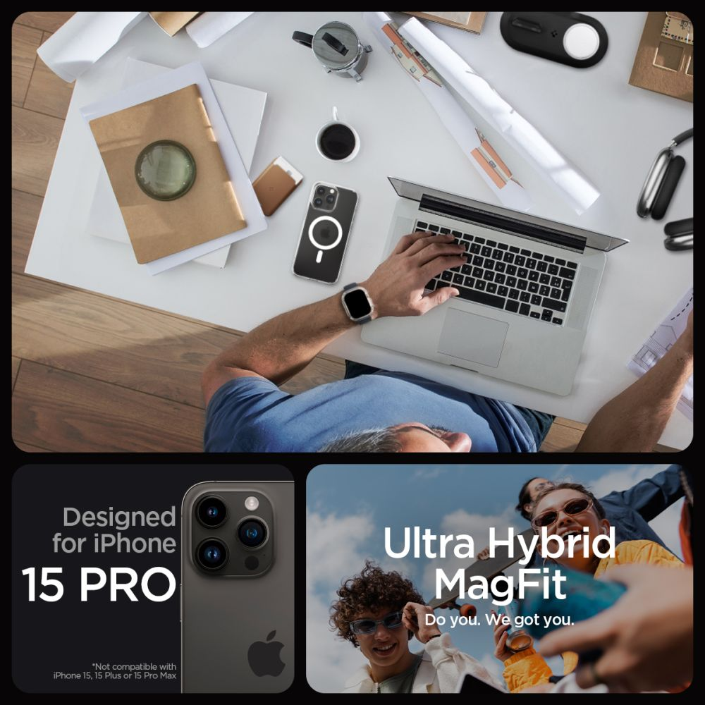 Een persoon werkt op een laptop, omringd door accessoires. Hieronder worden advertenties voor een iPhone 15 Pro en MagFit-hoesjes weergegeven.