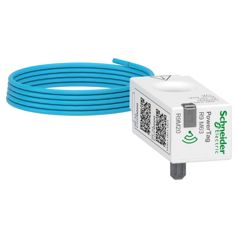 Un dispositivo bianco Schneider Electric PowerTag R9 M63 con un cavo blu. Il dispositivo ha codici QR e una spina.