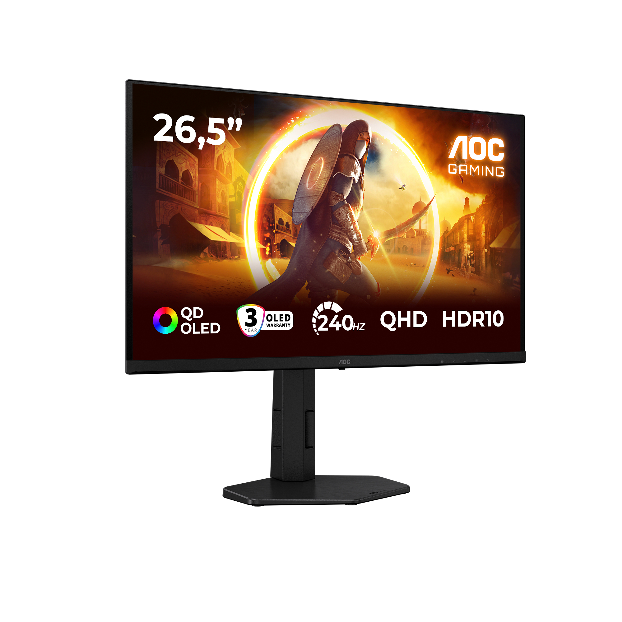 Monitor gaming AOC. Muestra una escena de guerrero. Características: QD OLED, 240Hz, QHD y HDR10. El monitor es negro con soporte.
