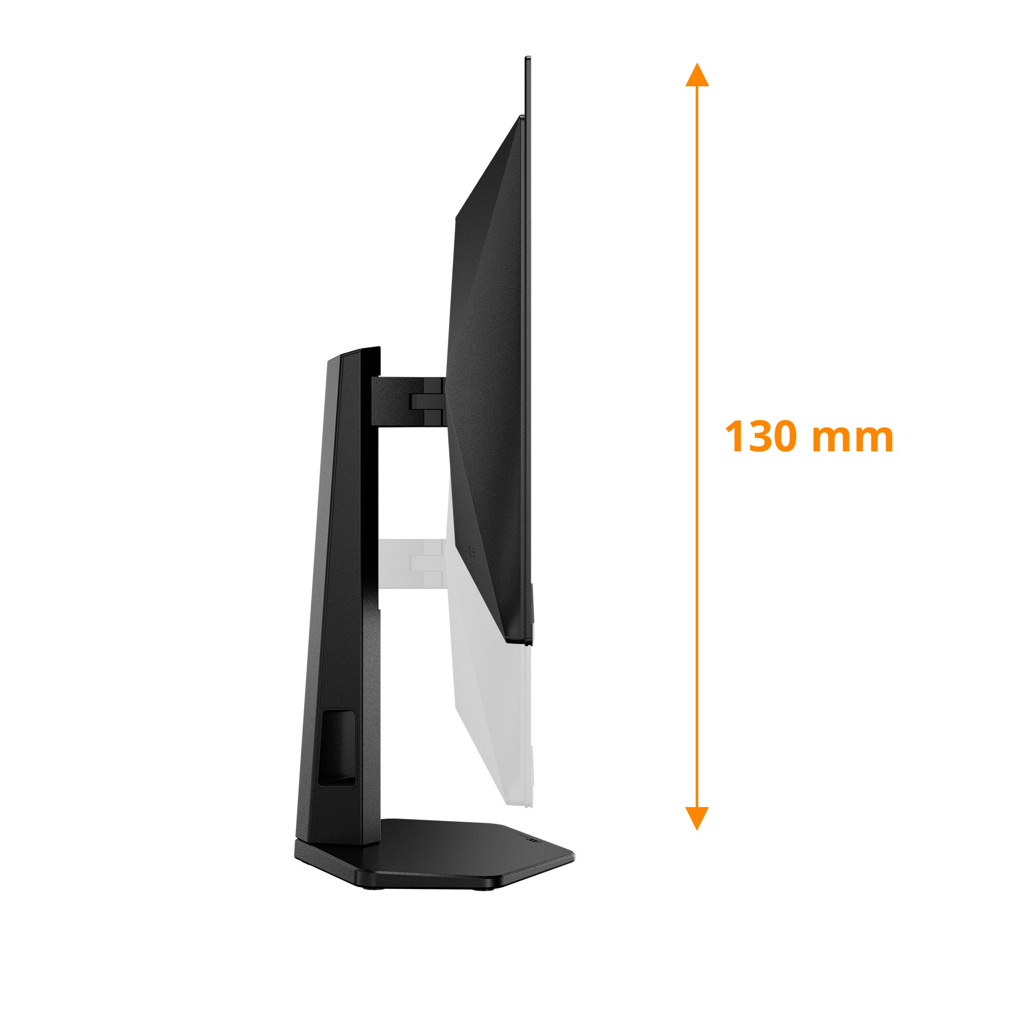 Vista lateral de un monitor de computadora negro. Una flecha naranja indica que la altura es de 130 mm.