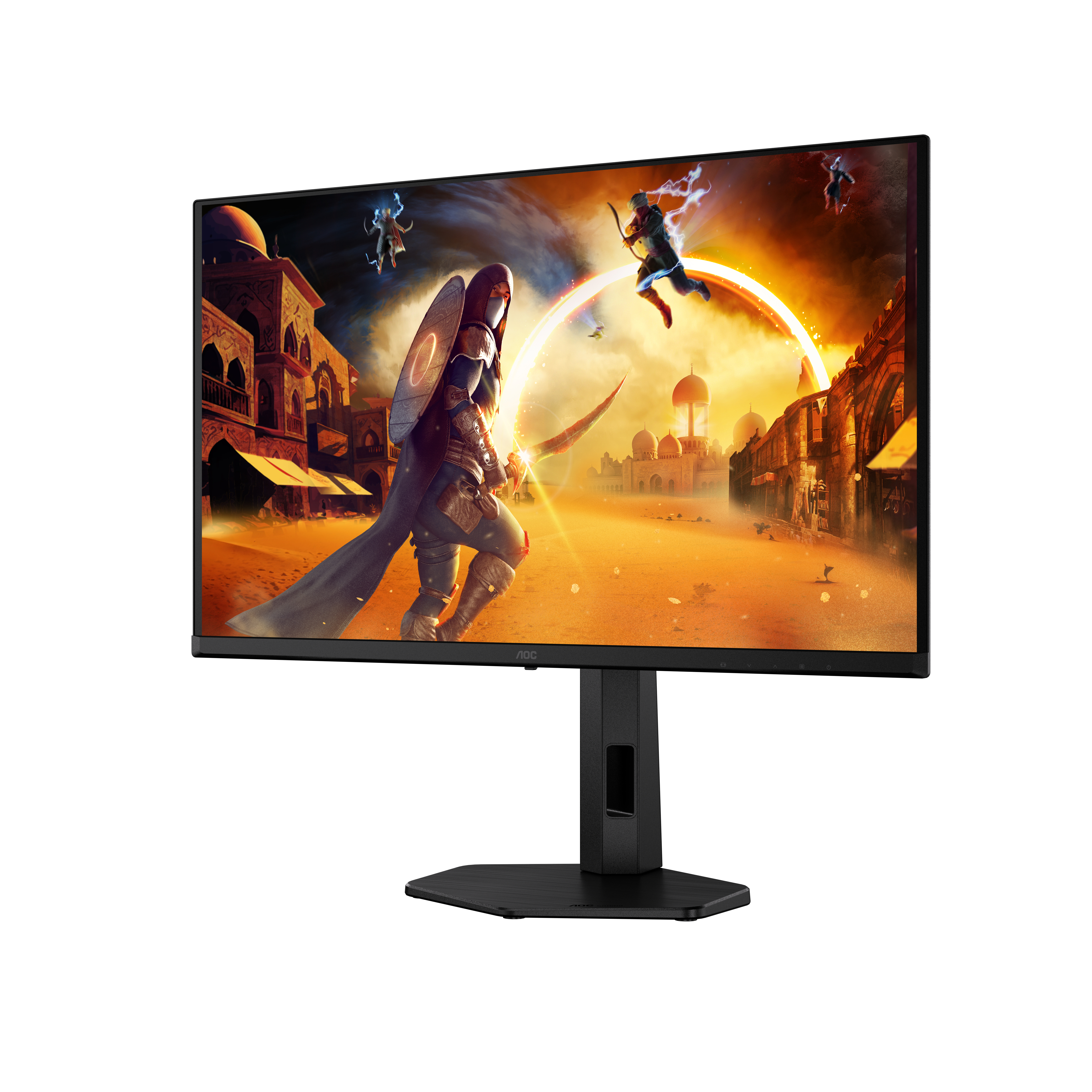 Monitor AOC muestra una escena de fantasía con un guerrero luchando. El monitor está en un soporte negro.