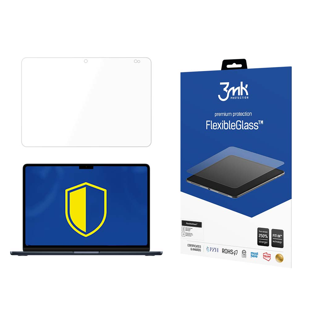 Laptop, ochraniacz ekranu i pudełko produktu. Laptop wyświetla żółtą tarczę. Pudełko zawiera 'FlexibleGlass' i markę.