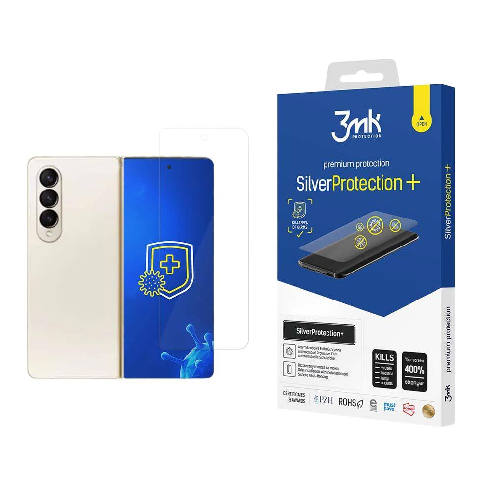 Vengono mostrati un telefono e una scatola di protezione dello schermo. La scatola dice SilverProtection+ e uccide il 99% dei germi. La protezione dello schermo è sul telefono.
