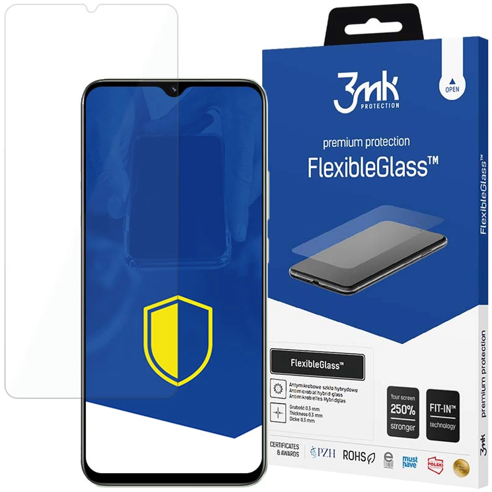 Een schermbeschermer met een telefoon en een doos. De doos zegt FlexibleGlass en heeft een foto van een telefoon.