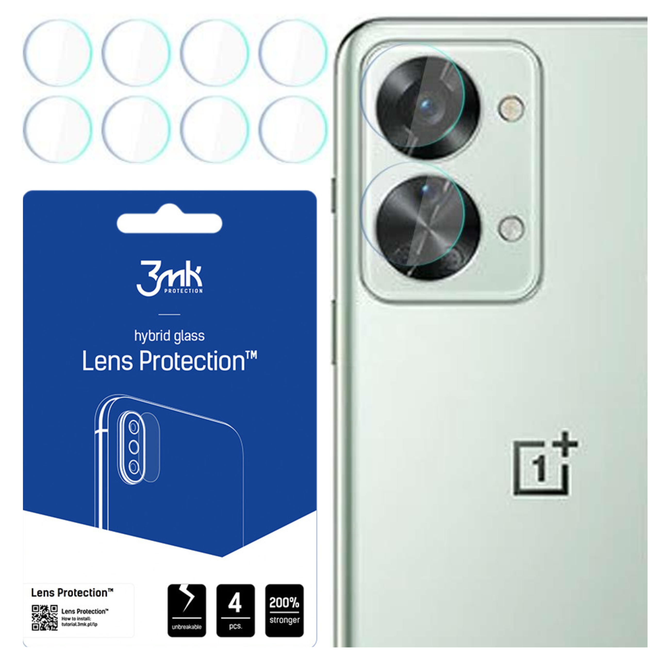 Un telefono con protezioni per lenti della fotocamera, una confezione di protezione delle lenti e protezioni per lenti. Lo sfondo è bianco.