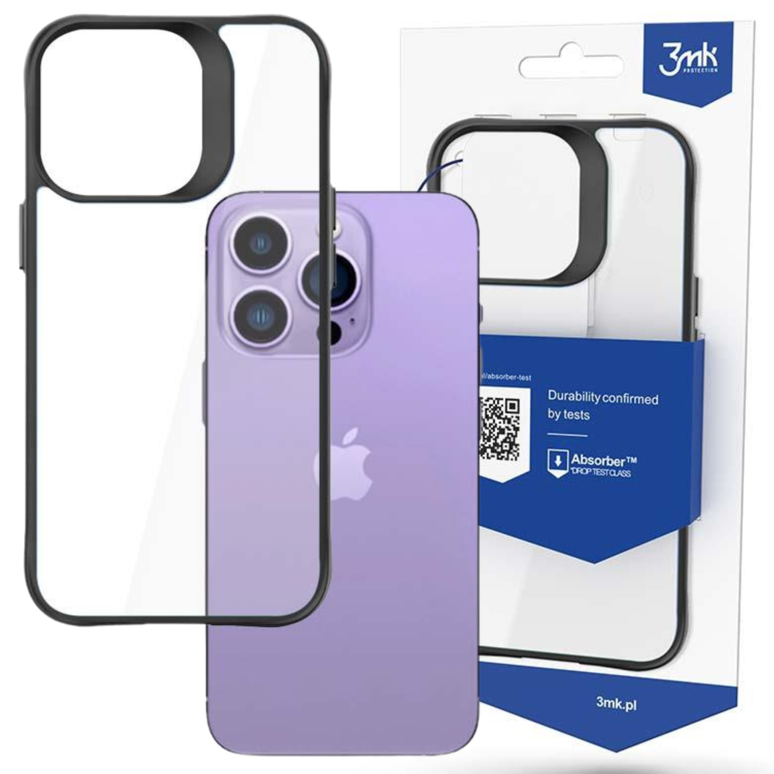 Fioletowy iPhone z przezroczystym etui i opakowaniem 3mk. Etui ma czarne obramowanie.