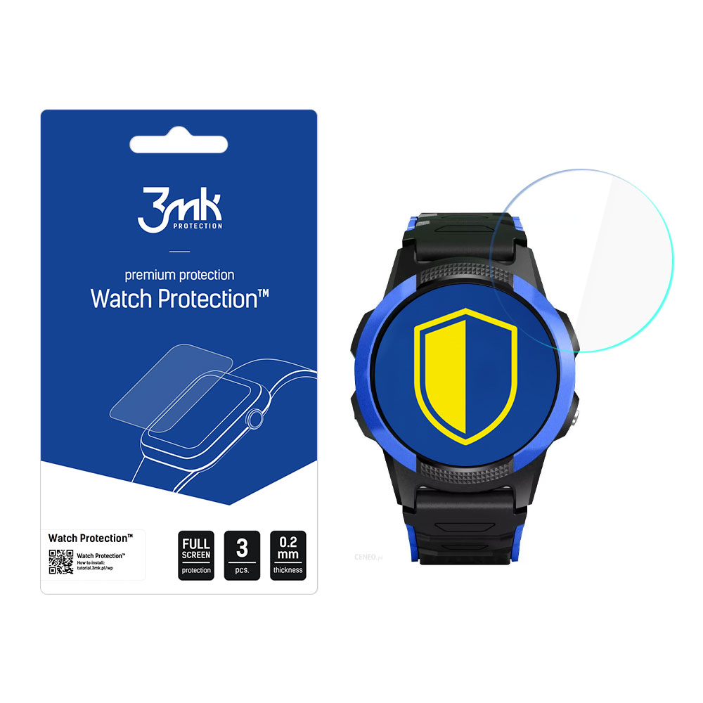 L'immagine mostra uno smartwatch con protezione schermo, una confezione blu e bianca e un'icona a scudo sul quadrante.