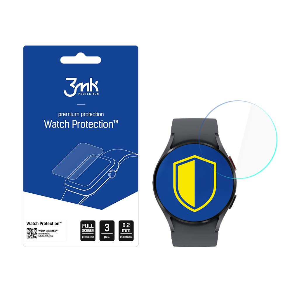 Un orologio e una confezione di protezione dello schermo. La protezione è per un orologio con un design a scudo giallo e blu. Imballaggio blu.