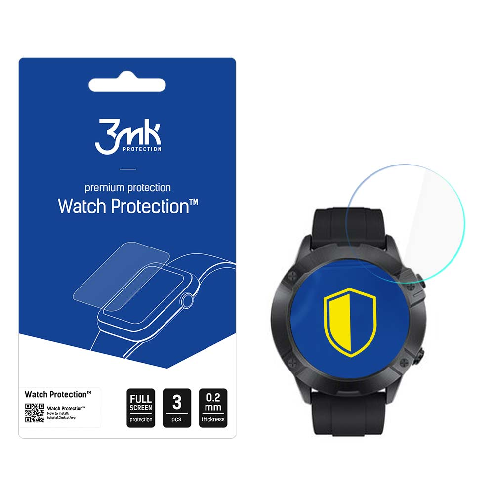 Un orologio e una confezione di protezione dello schermo sono esposti. Il protettore ha un'icona a scudo. La confezione contiene il testo: Watch Protection.