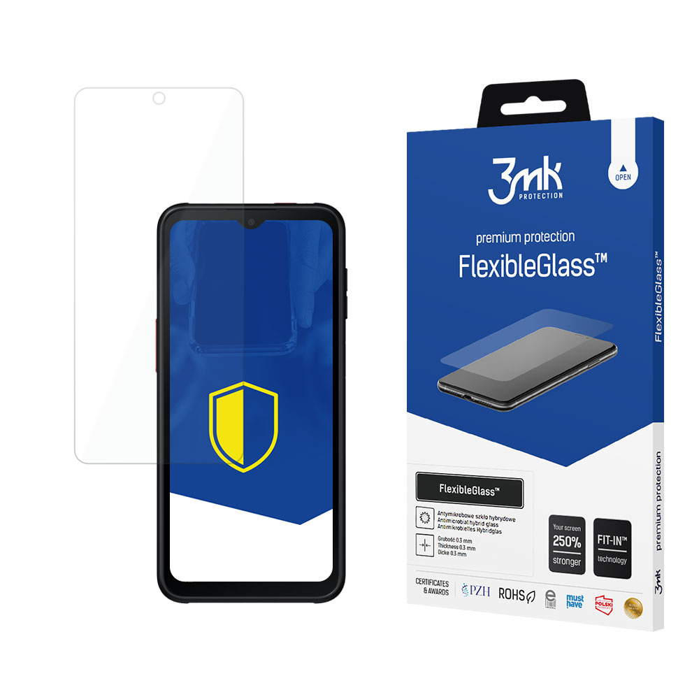 Un proteggi schermo e un telefono sono mostrati con una confezione del prodotto. La protezione è trasparente, la scatola è blu.