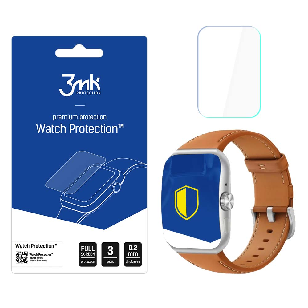 L'immagine mostra uno smartwatch con protezione schermo, confezione e un proteggi schermo. L'orologio ha un cinturino in pelle marrone.