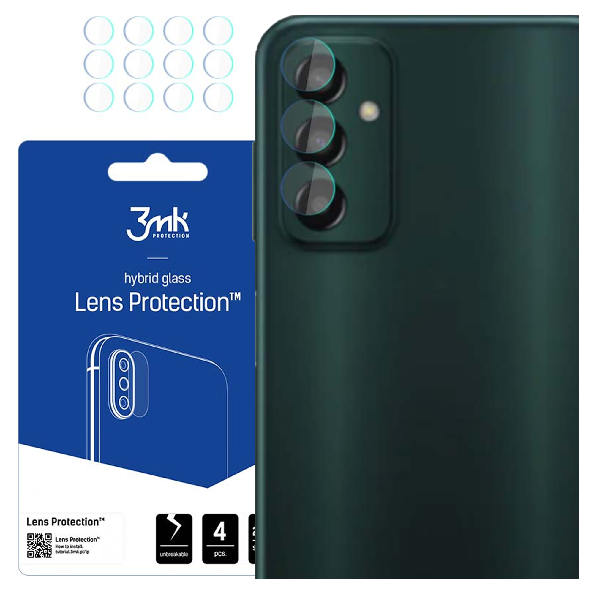 Un telefono con protezioni per lenti. Una confezione blu mostra la protezione delle lenti e il marchio 3mk. Il telefono è verde scuro.