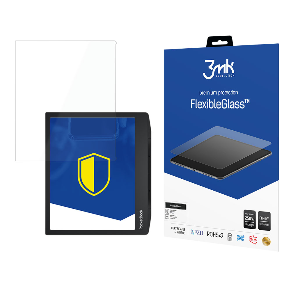 Czytnik PocketBook, ochrona ekranu i pudełko 3mk FlexibleGlass są wyświetlane na białej powierzchni. Pudełko ma niebieskie tło.