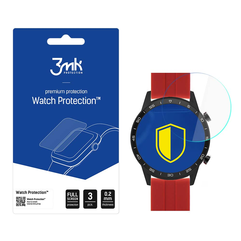 L'immagine mostra uno smartwatch con protezione schermo e una confezione con il logo "Watch Protection". L'orologio ha un cinturino rosso.