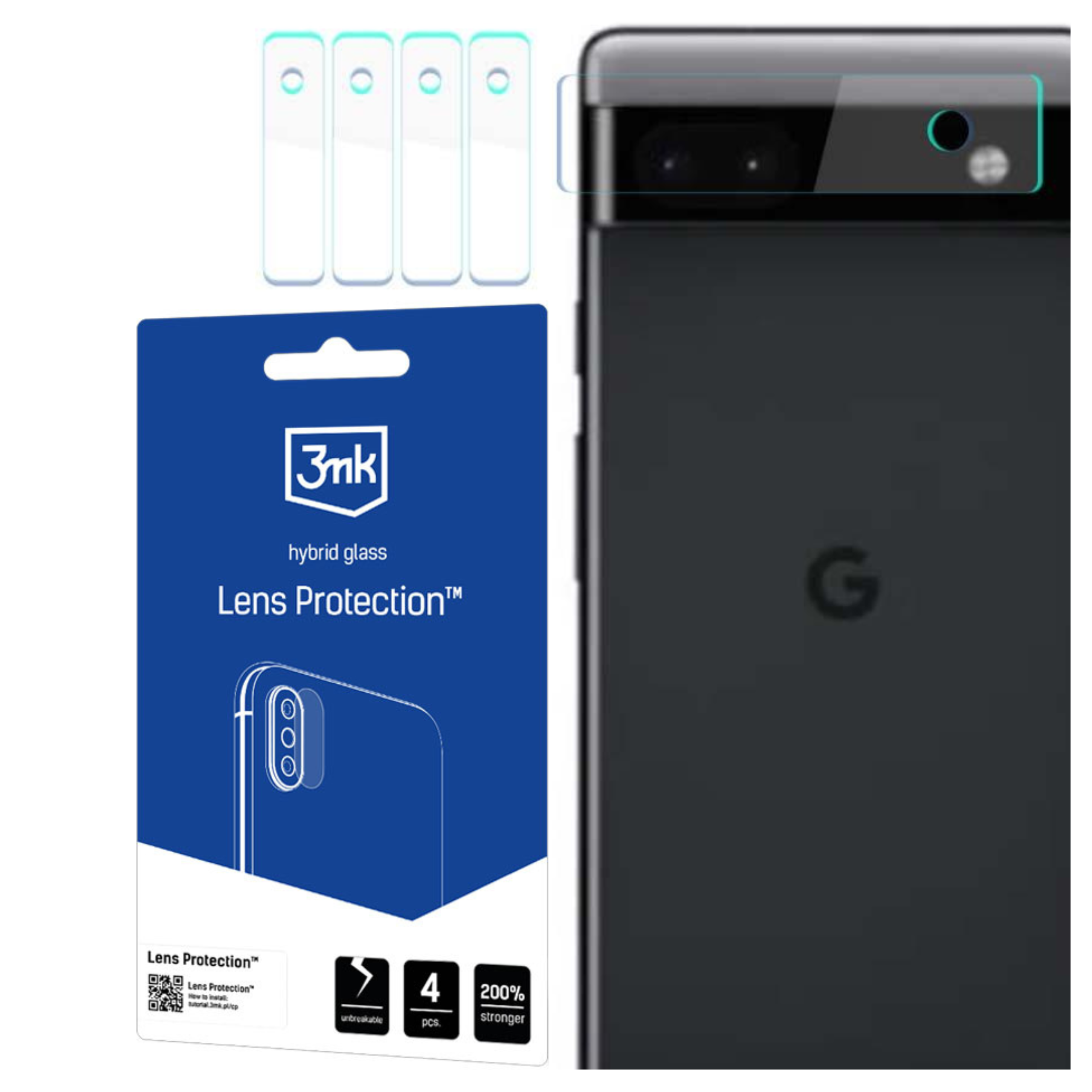 Un telefono e un packaging per la protezione dello schermo. Il telefono è nero, l'imballaggio è blu e bianco.
