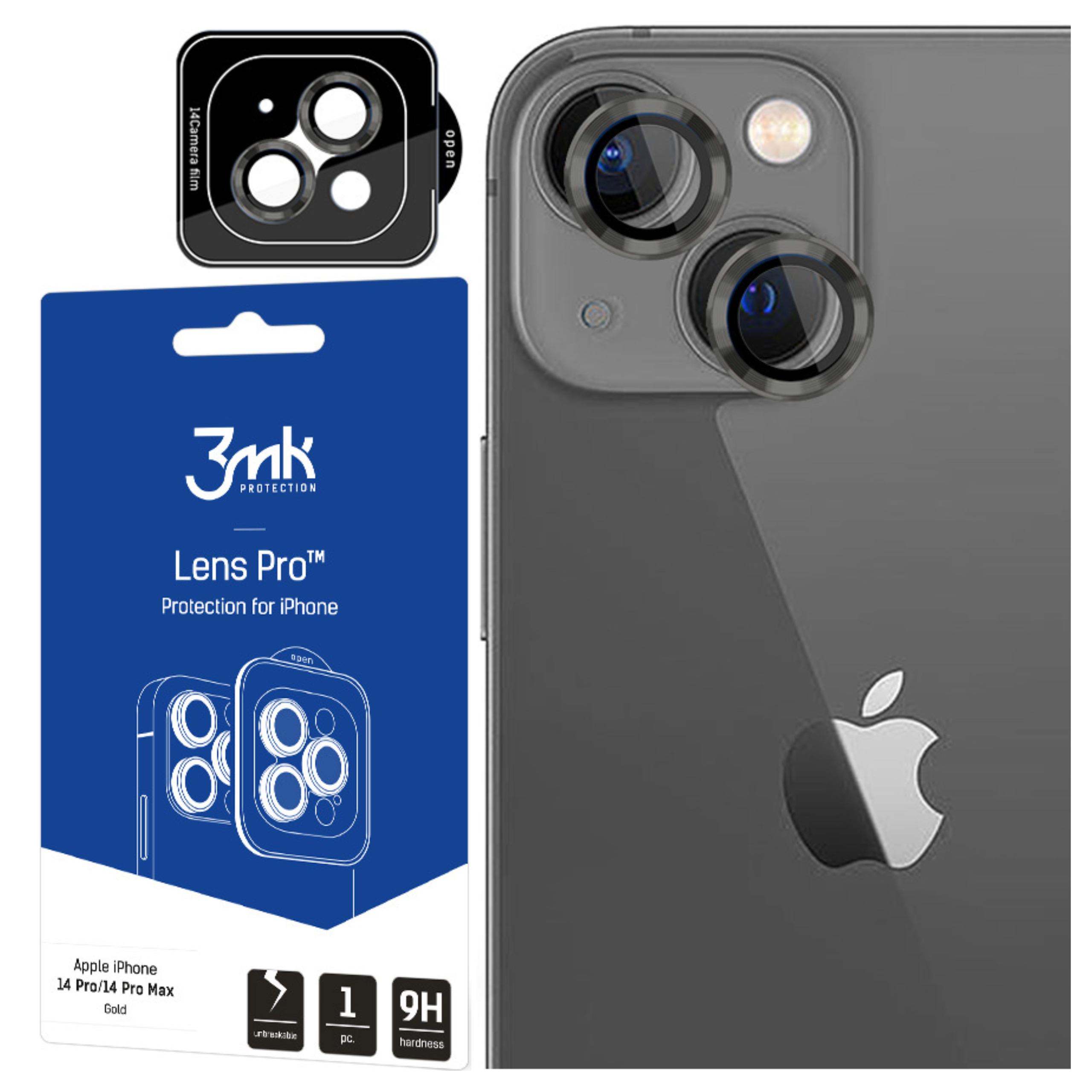 Un iPhone con protezione per lenti e confezione. La protezione ha tre copriobiettivo. La confezione dice 'Lens Pro'.