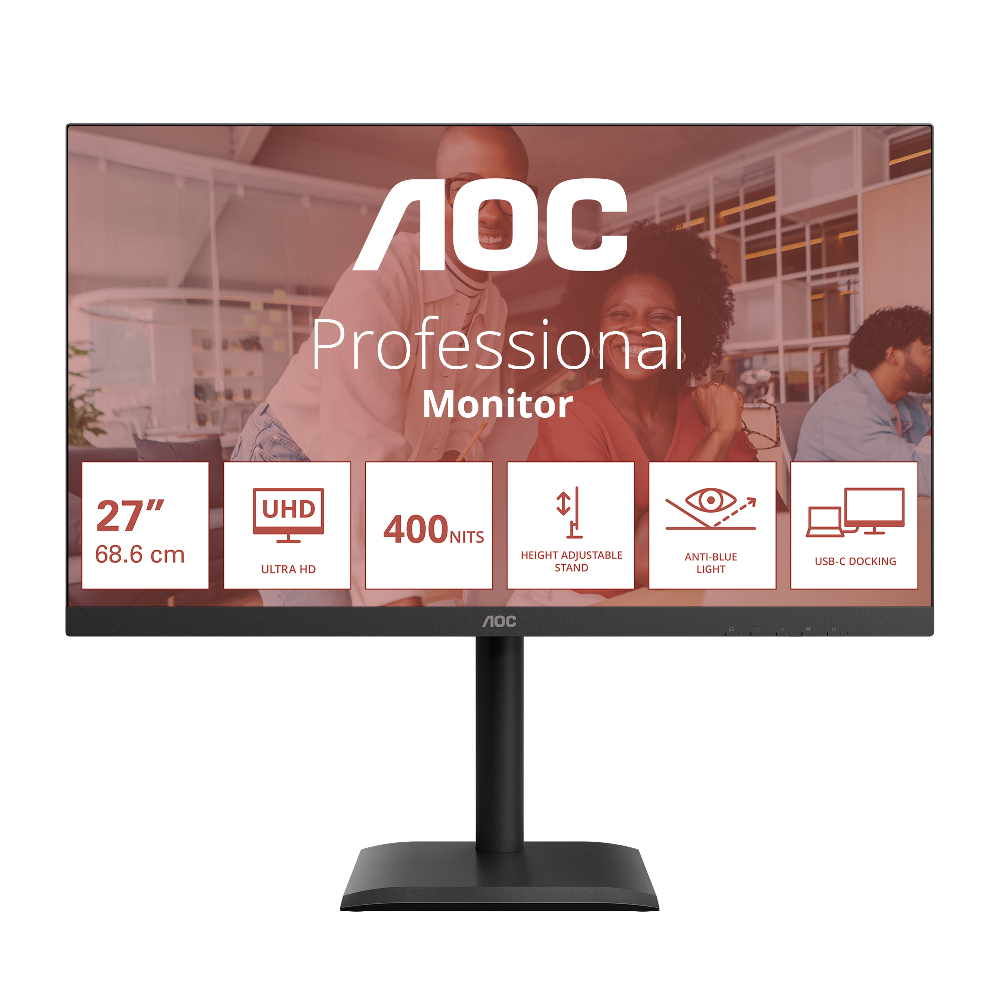 AOC Professional Monitor. Schwarzer Ständer, Bildschirm mit Personen und Funktionssymbolen unten.