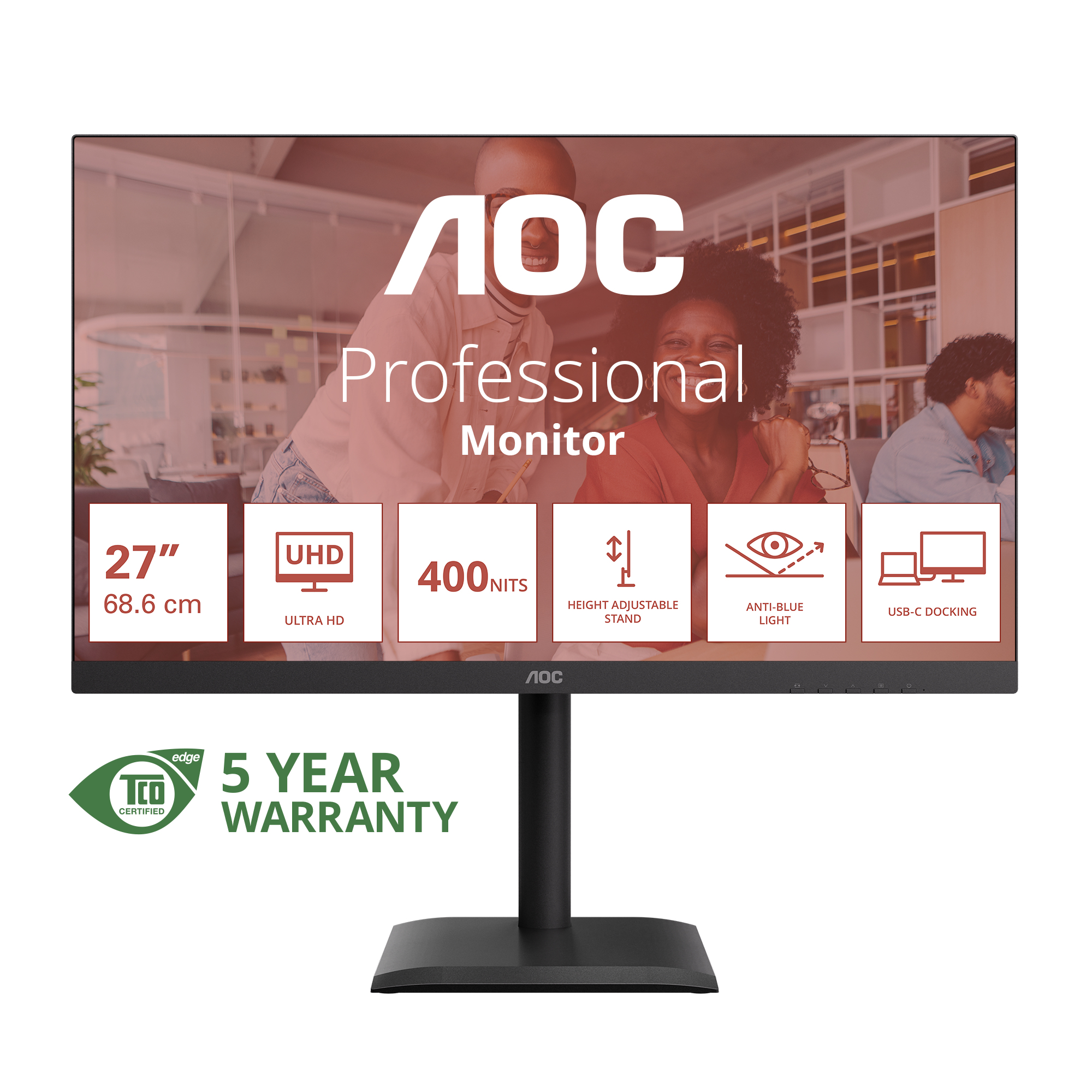 AOC Profi-Monitor. Merkmale: UHD, 27", USB-C-Docking, höhenverstellbar. 5 Jahre Garantie.