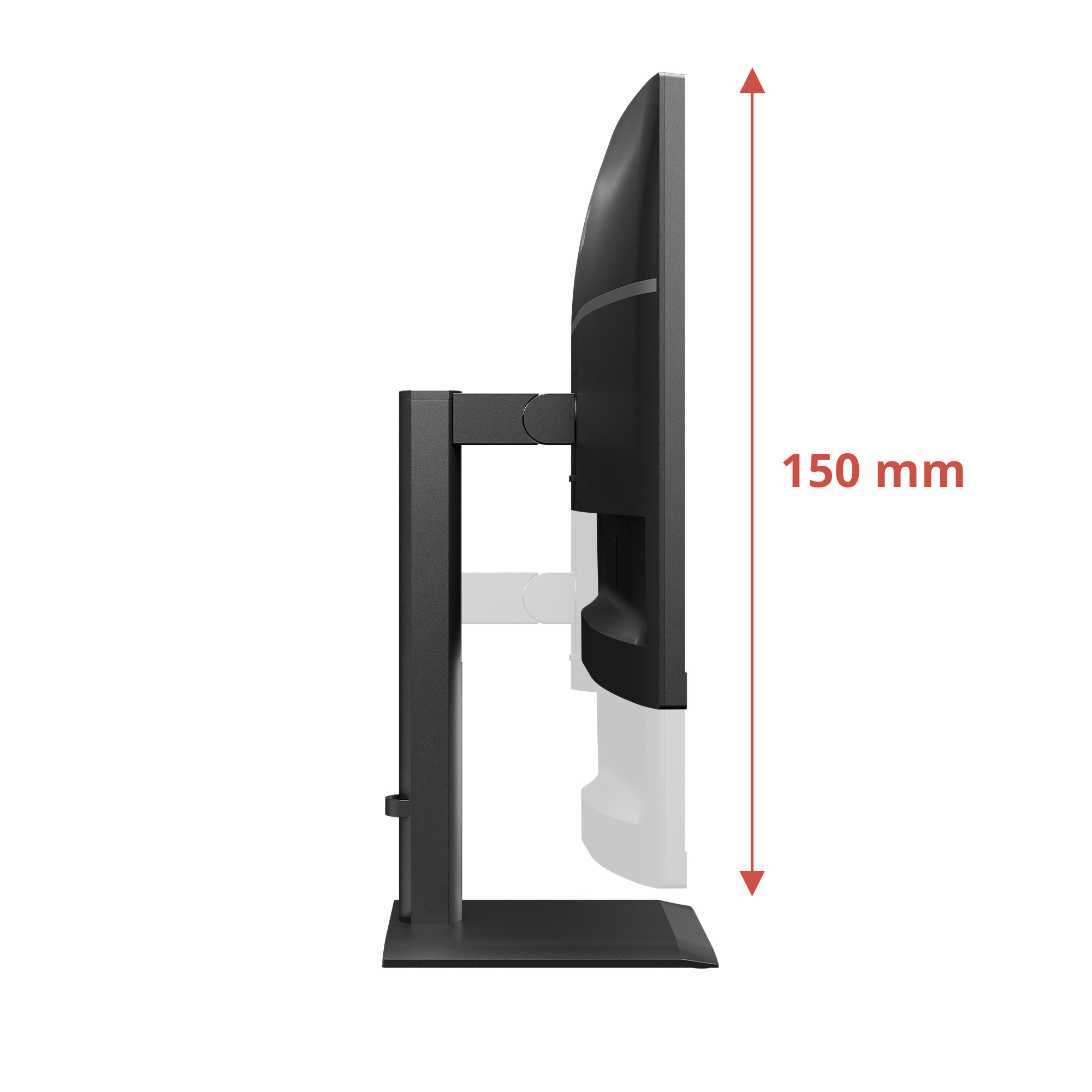 Seitenansicht eines schwarzen Computermonitors. Ein roter Pfeil zeigt die Höhe des Monitors von 150 mm.