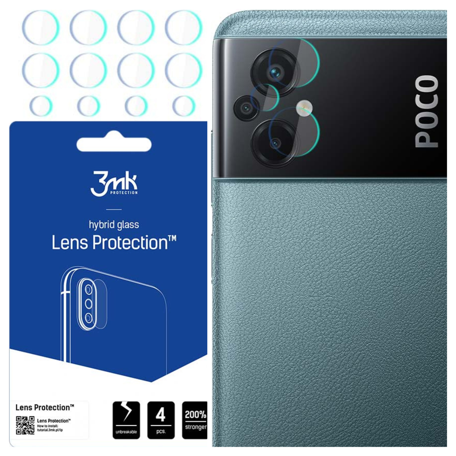 Protezioni per lenti della fotocamera del telefono, un telefono e una confezione del prodotto con il marchio. La confezione mostra la fotocamera del telefono.