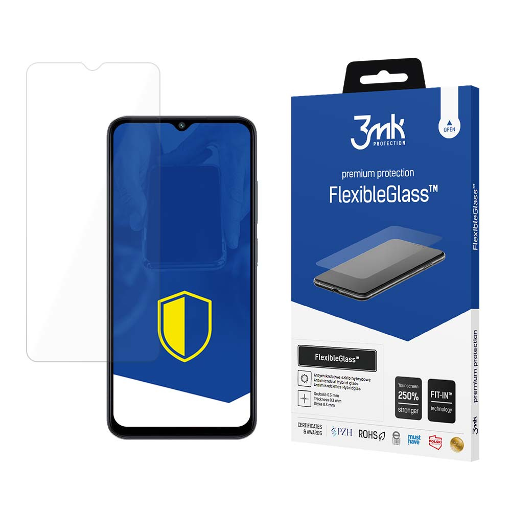 Un proteggi schermo e una scatola. La scatola dice 'FlexibleGlass' e 'premium protection'.