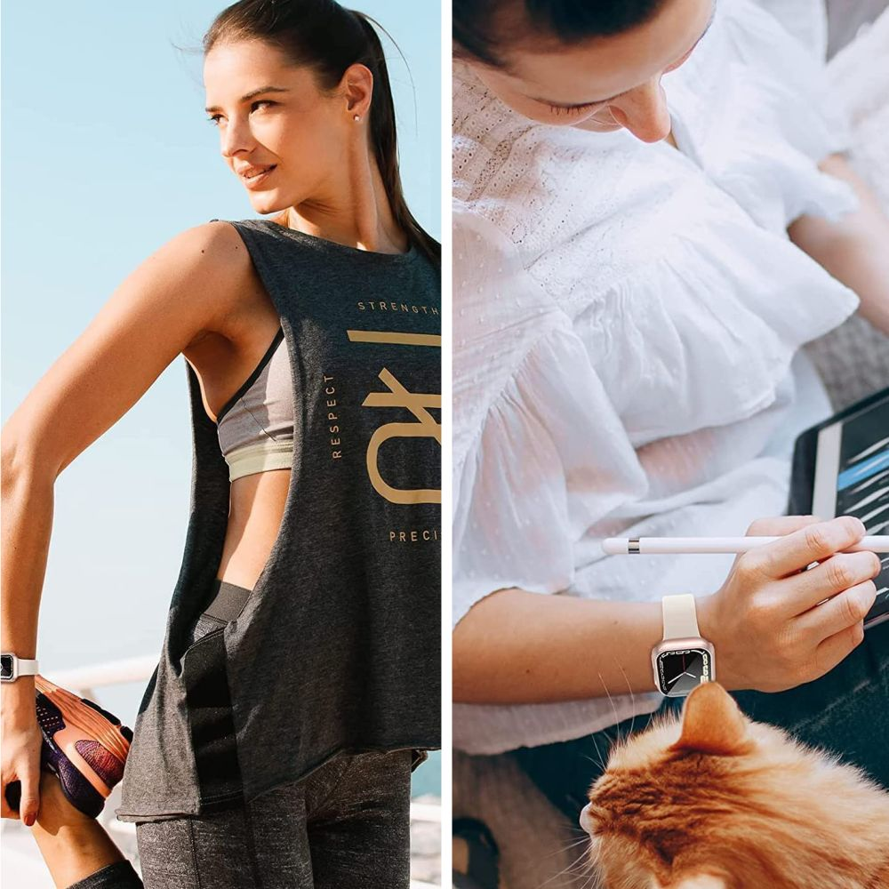 Une femme s'étire, portant une smartwatch. À côté, une femme travaille sur une tablette, aussi avec une smartwatch, avec un chat orange.