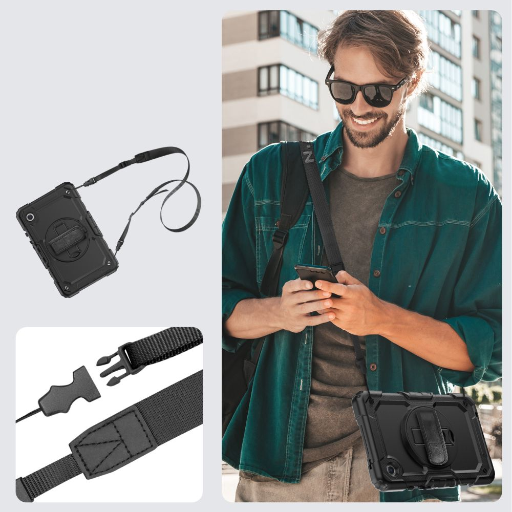 Mann mit Sonnenbrille hält Telefon, schwarze Tablet-Hülle mit Riemen und Nahaufnahme der Riemendetails. Gebäude im Hintergrund.
