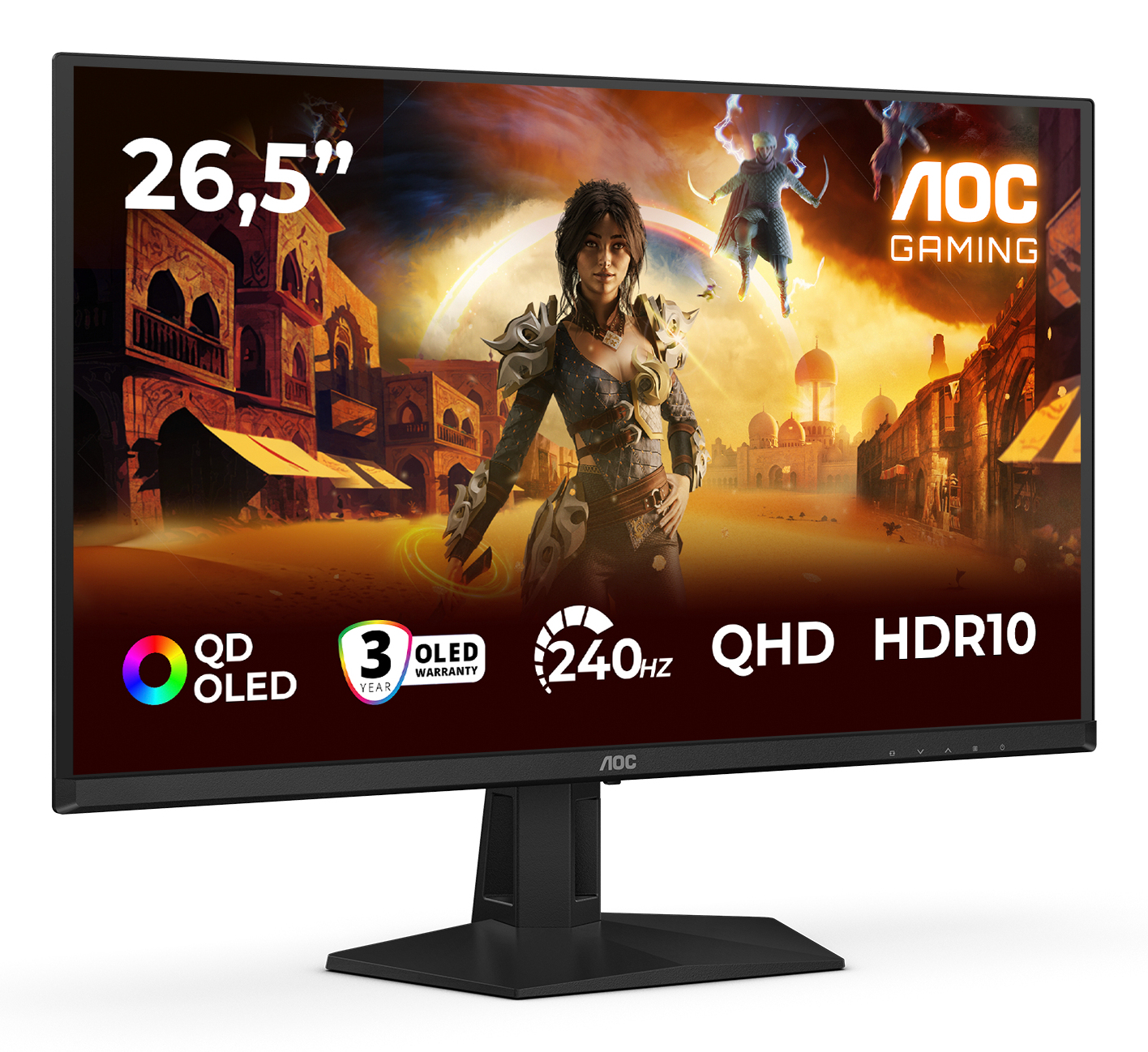 Monitor do gier AOC z kobietą w zbroi i dwiema postaciami w fantastycznej scenerii. Zawiera QD OLED, 240Hz i HDR10.