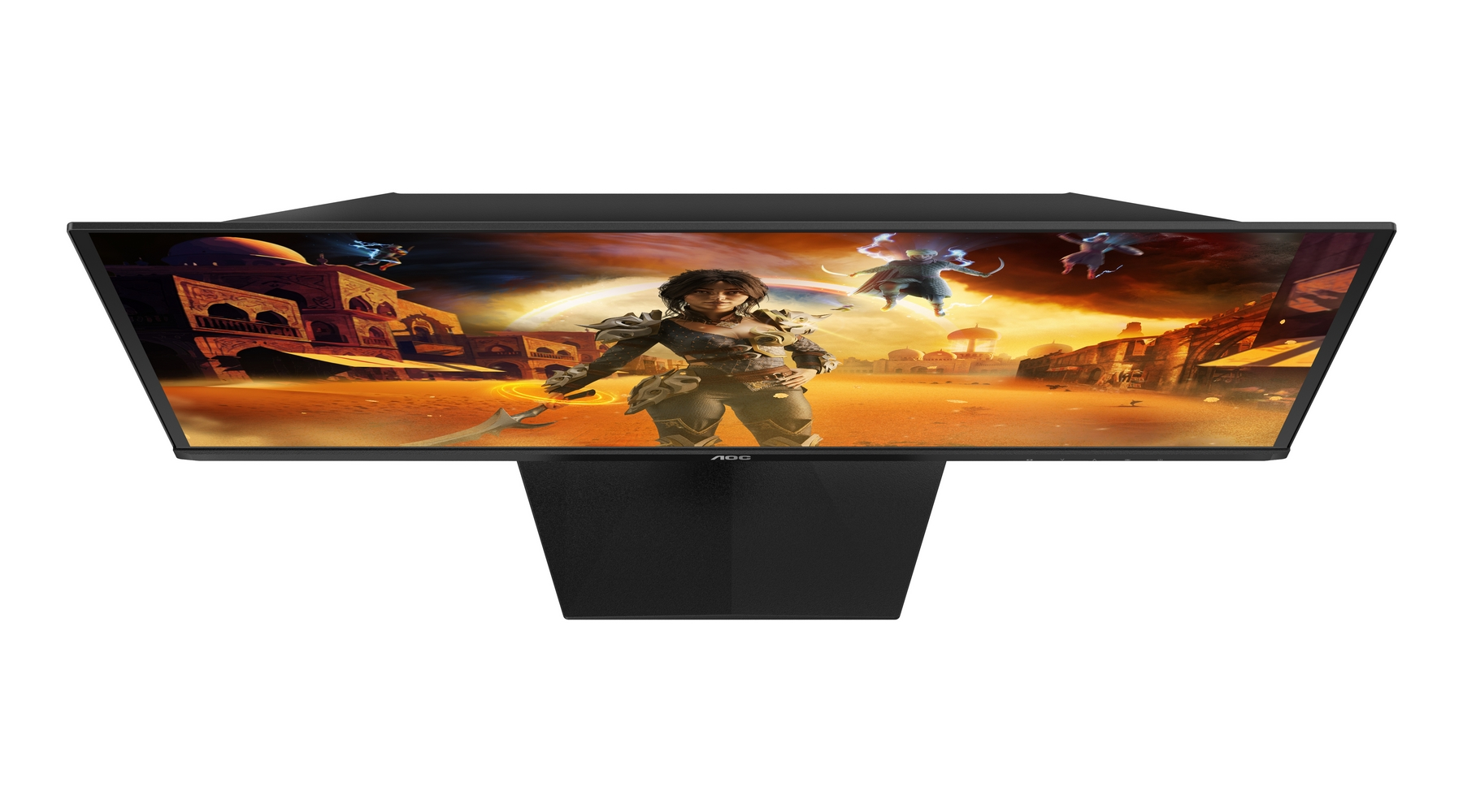 Monitor komputera wyświetla scenę fantasy. Kobieta stoi z przodu, z latającymi postaciami i budynkami w tle.