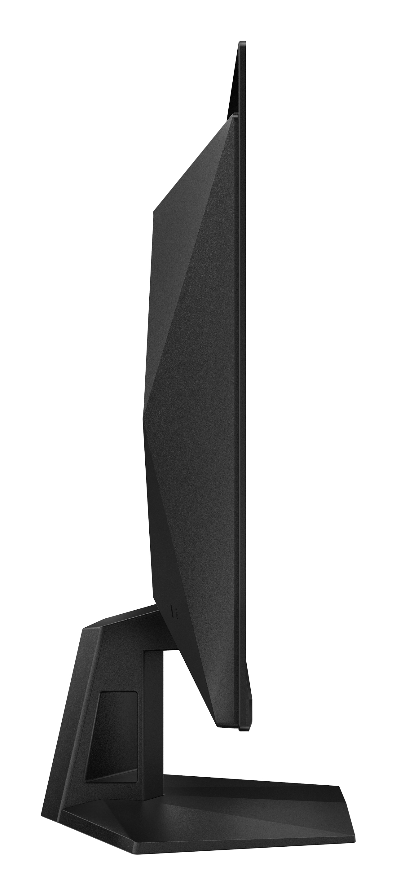 Widok z boku czarnego monitora komputera. Ma geometryczny kształt i jest umieszczony na czarnym stojaku. Tło jest białe.