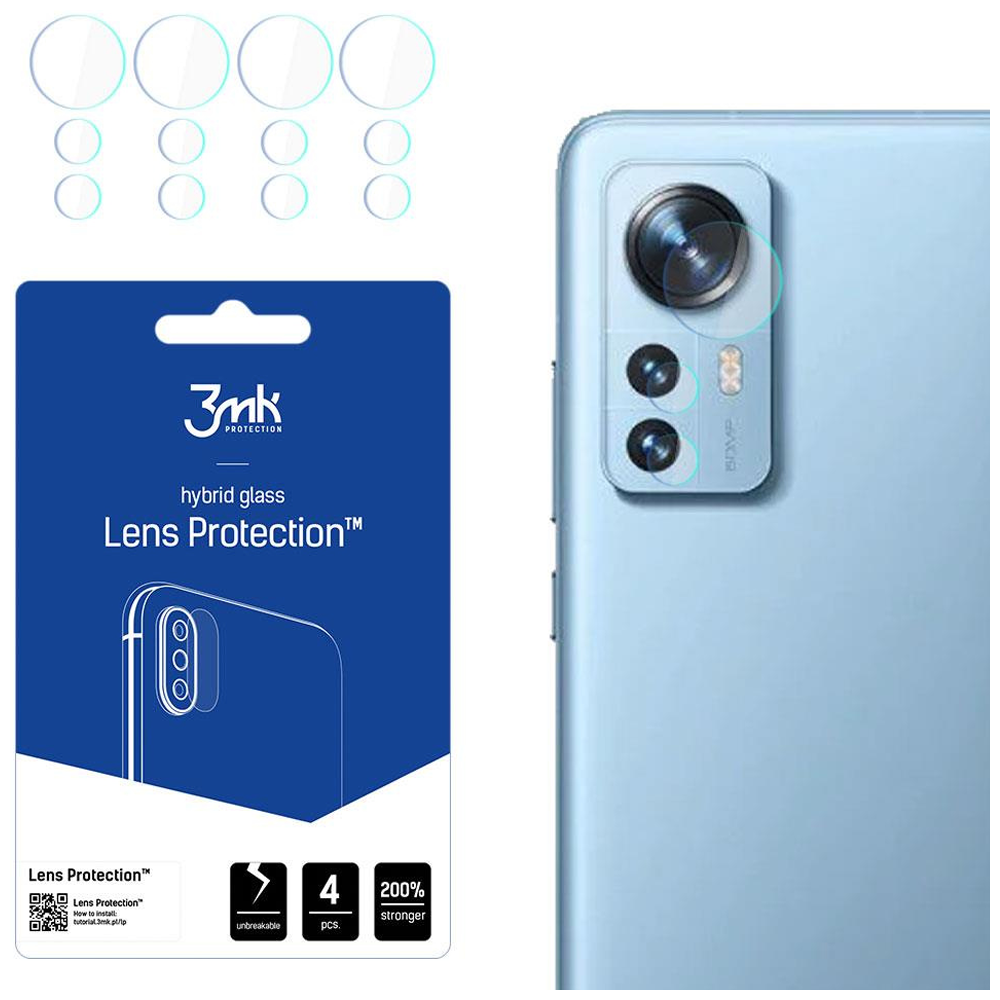 Un telefono e protezioni per lenti sono esposti. Una confezione blu scuro mostra la protezione delle lenti, con la fotocamera del telefono a destra.