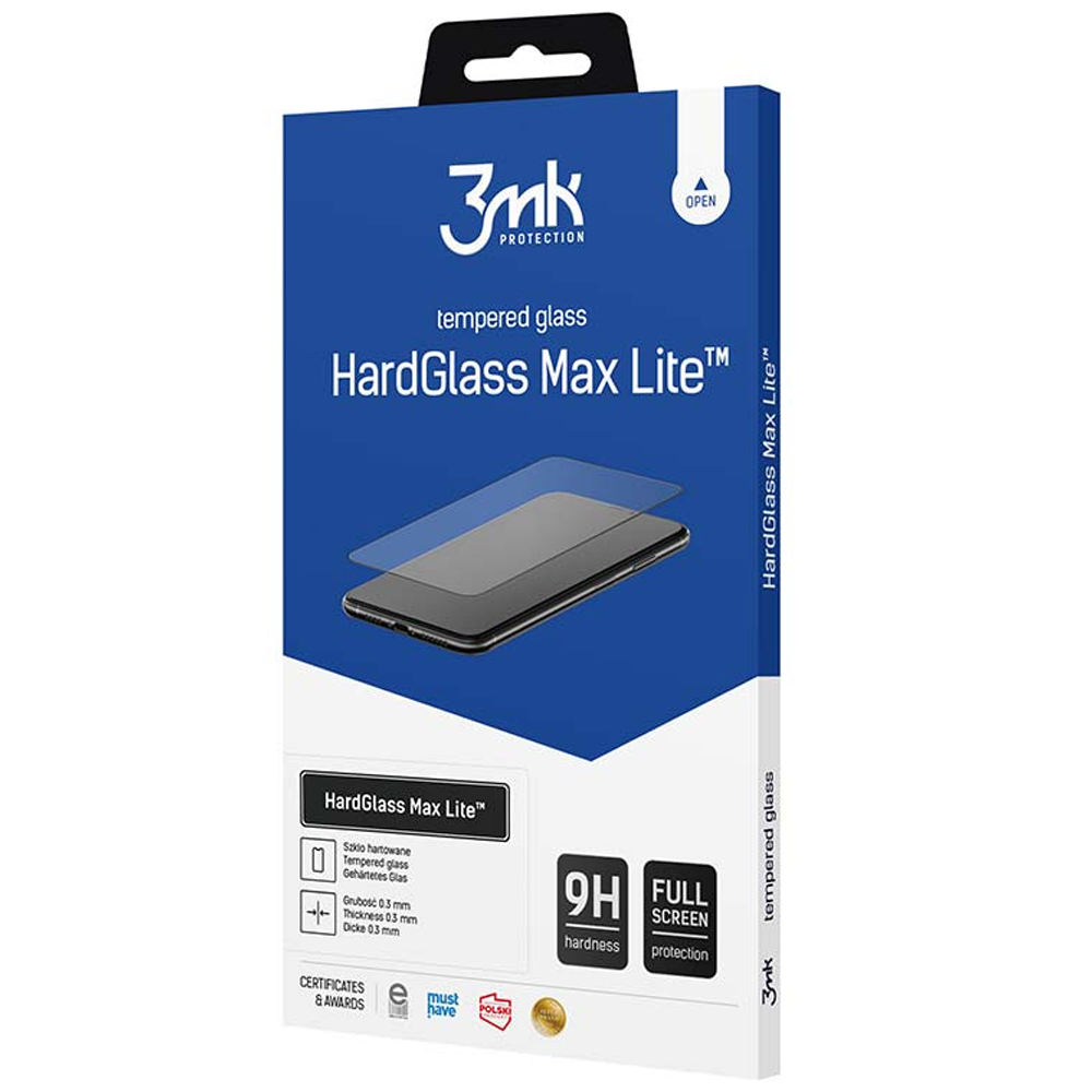 Pudełko ochronne na ekran telefonu. Napisano HardGlass Max Lite. Cechy to twardość 9H i pełna ochrona ekranu.