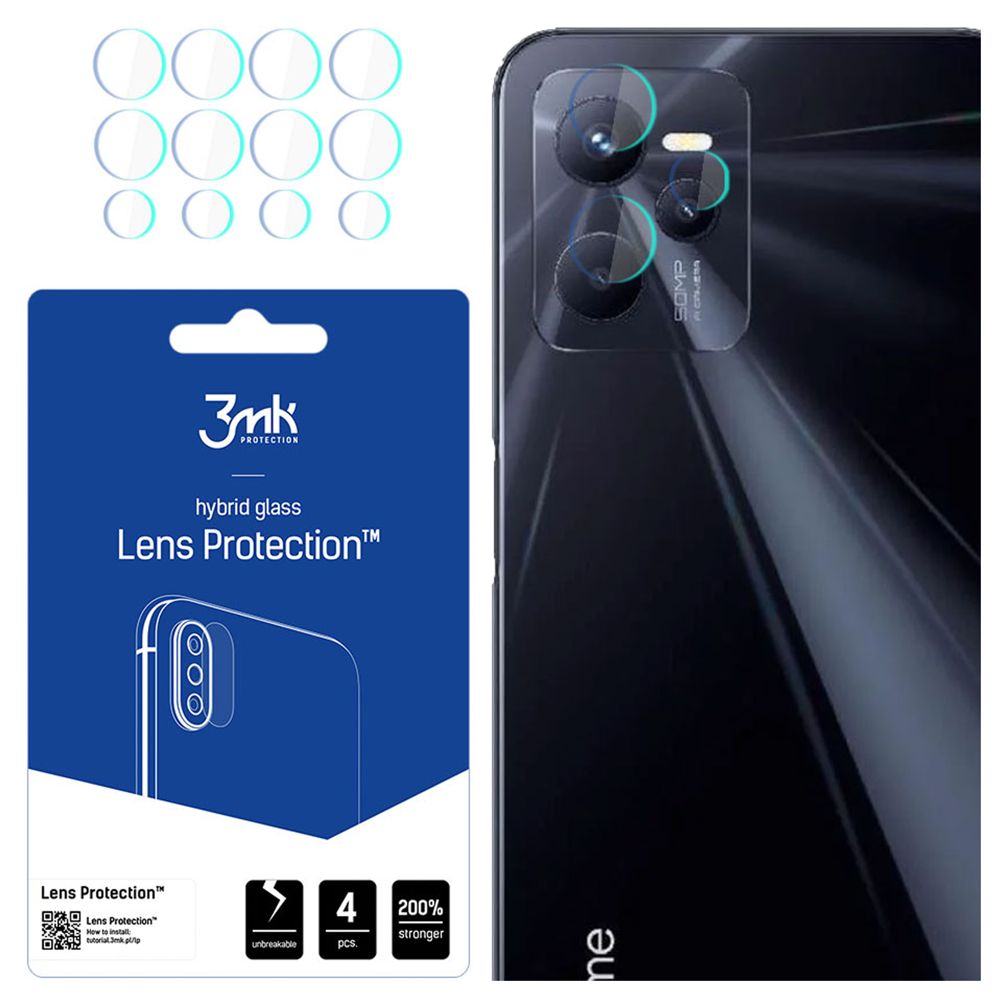 L'immagine mostra un proteggi obiettivo per fotocamera del telefono e un telefono. Il proteggi è in una confezione blu.