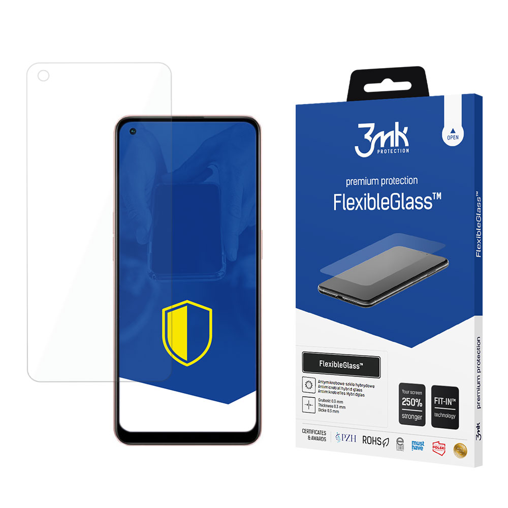 Un telefono con protezione schermo, una scatola di FlexibleGlass e un foglio protettivo, tutto su bianco. Accenti blu e gialli.